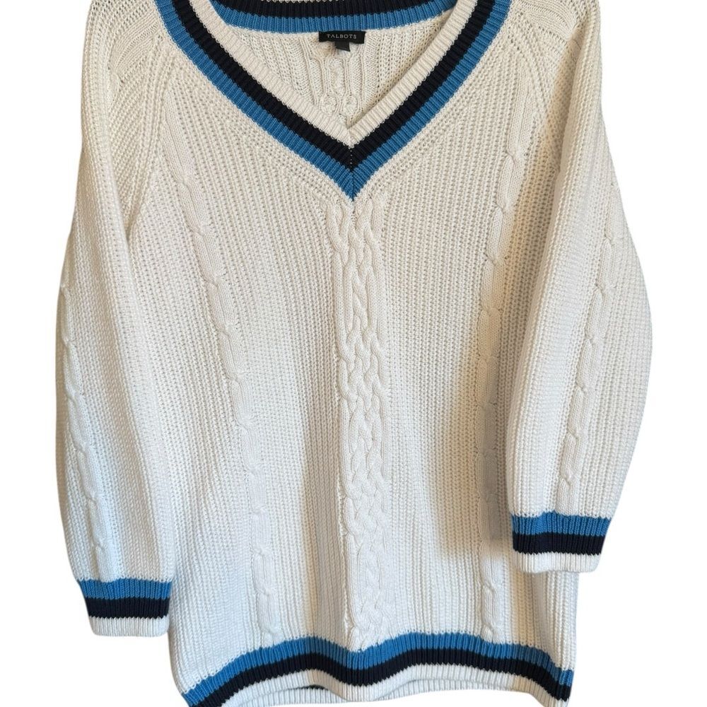 Talbots White Classic Knit V-Neck Cotton Sweater with Navy Accents Size Small